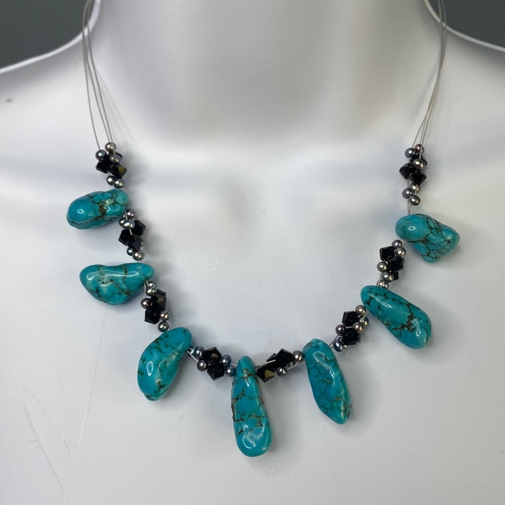 Floating necklace Turquoise Swarovski crystal pearl silver